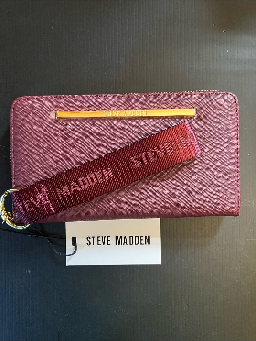 Steve Madden Women’s Burgundy Zip Wallet with Branded Strap